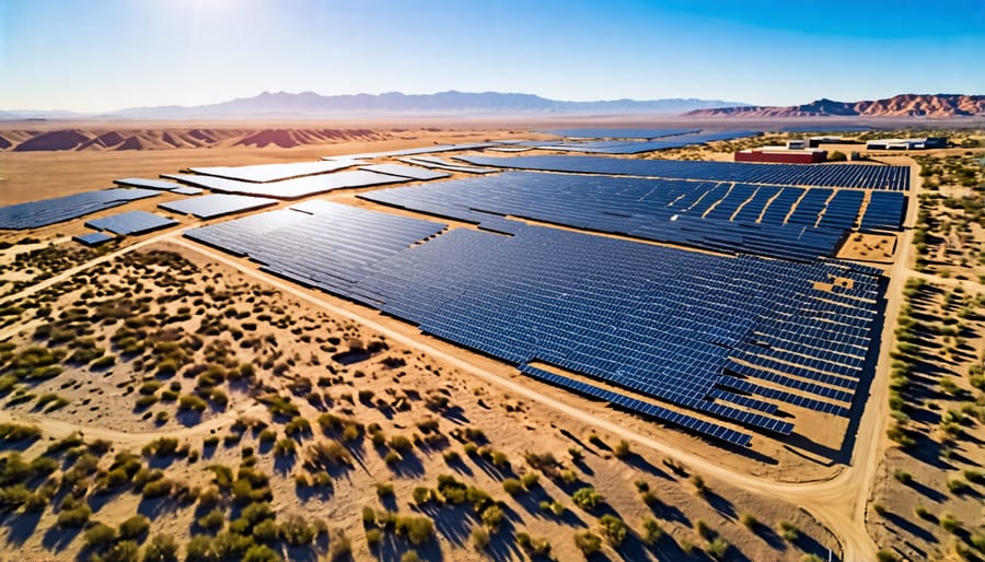 Expansive solar farm with rows of photovoltaic panels in a desert setting