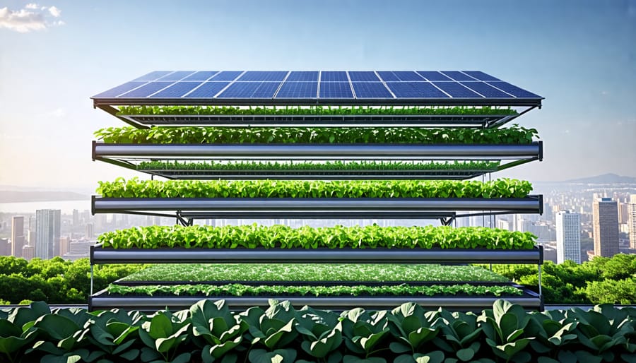 Conceptual illustration of a multi-level vertical farming structure with integrated solar panels, showcasing the synergy between crop cultivation and renewable energy generation.