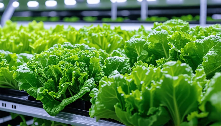 Lush green crops thriving in a controlled vertical farming environment