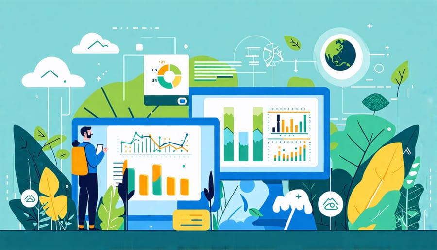 Conceptual image of AI processing environmental data with digital charts and ecological symbols