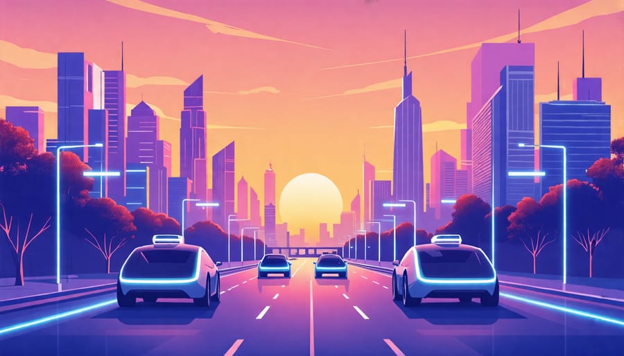 AI-controlled autonomous electric vehicles navigating a sustainable city