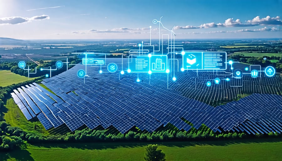 Aerial view of wind turbines and solar panels under a digital AI interface