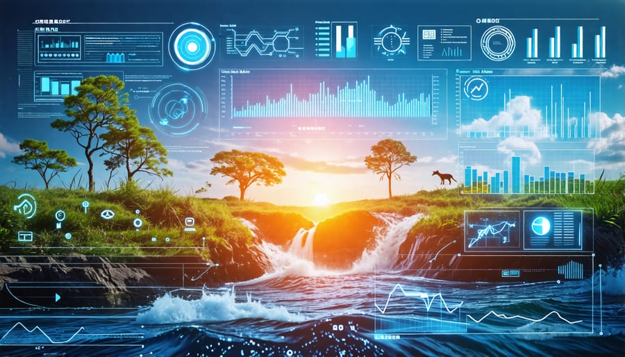 Conceptual image depicting the convergence of AI and environmental science, featuring a blend of digital data elements and natural landscapes to illustrate AI's role in transforming environmental data into actionable insights.