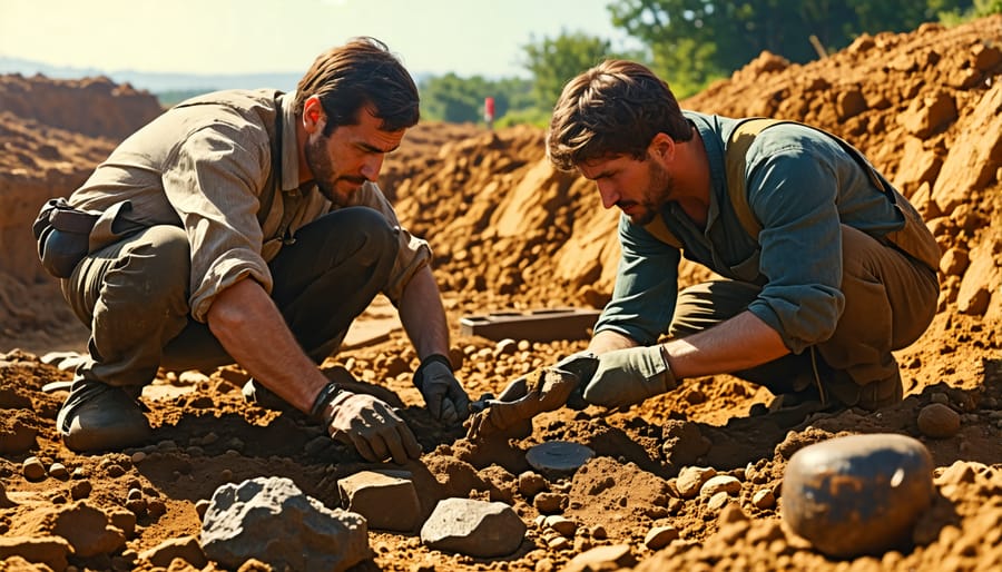 Team of archaeologists excavating artifacts, including pottery and tools, from an ancient site