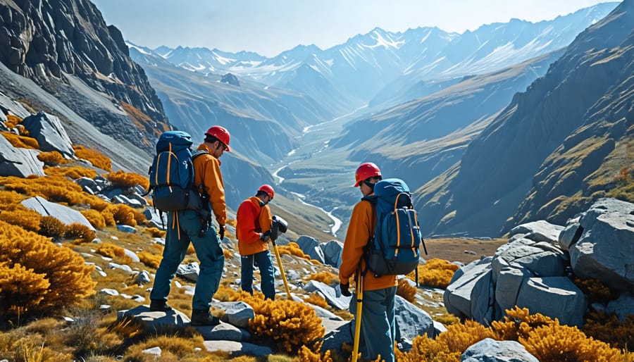 Researchers in the field measuring azimuth for geological research