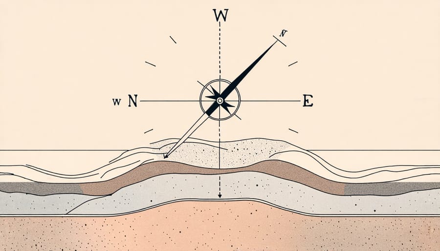 Illustration of azimuth measurement in geology, showing a compass and earth layers