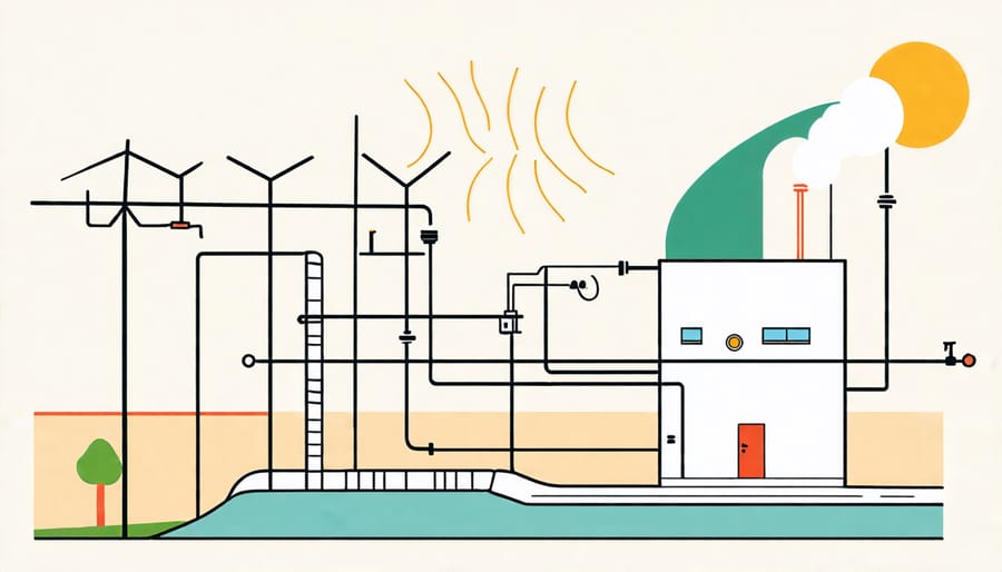 Diagram illustrating basic components like wells, heat exchangers, and turbine systems in geothermal energy