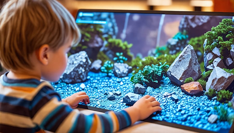 10-year-old exploring geology concepts in an interactive earth science game