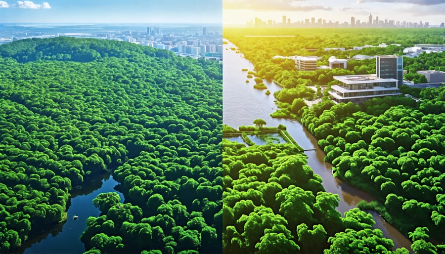 A split scene showing a lush forest representing climate change mitigation and a fortified urban landscape indicating adaptation to environmental challenges.