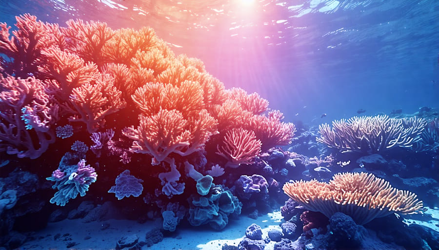 Coral reef showing signs of bleaching, illustrating the impact of climate change on marine life.