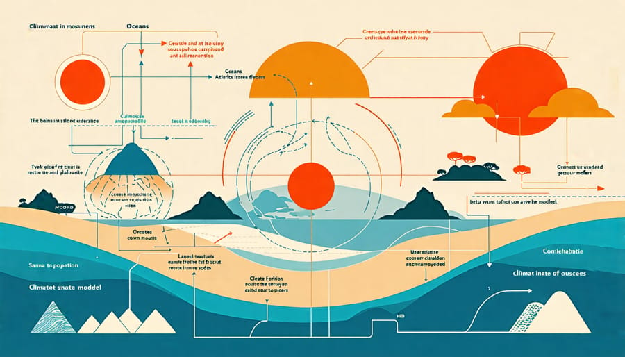 A schematic representation showing the core components of climate models such as atmosphere, oceans, and land surfaces