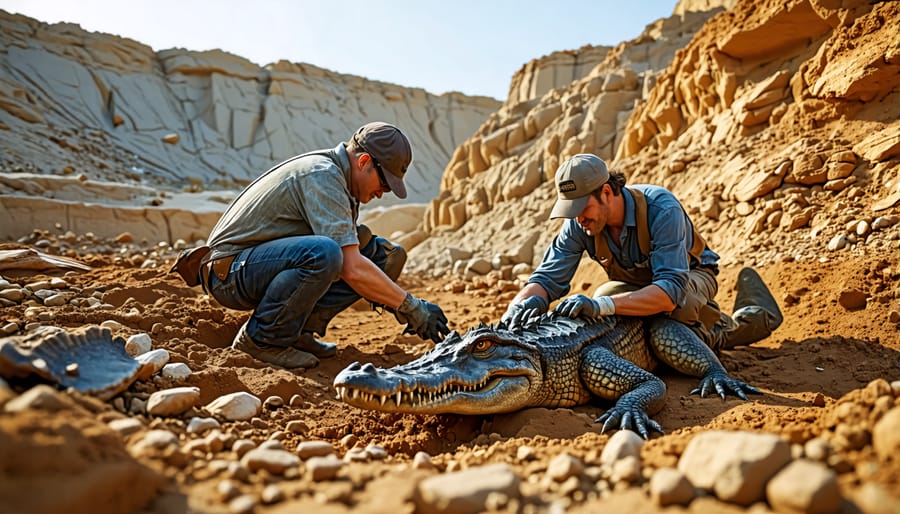 Scientists meticulously uncover the ancient crocodile remains from the earth