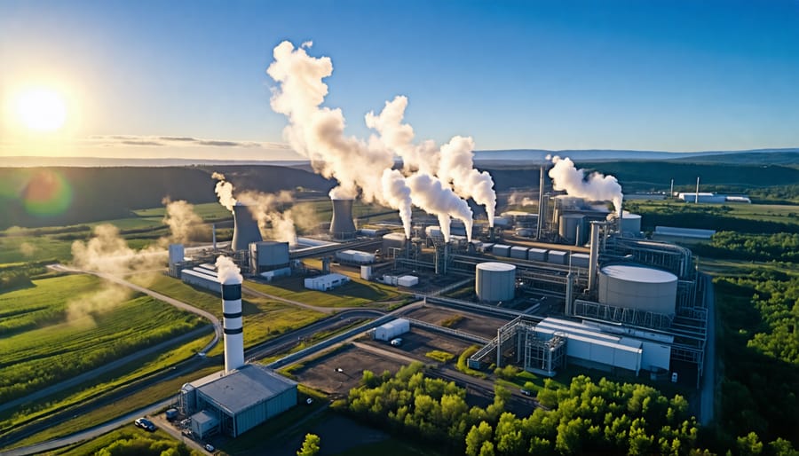 Geothermal power plant facility with steam rising from cooling towers