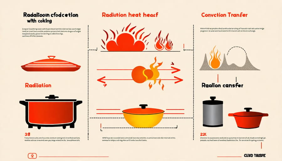 Illustration showing conduction, convection, and radiation heat transfer methods with cooking examples