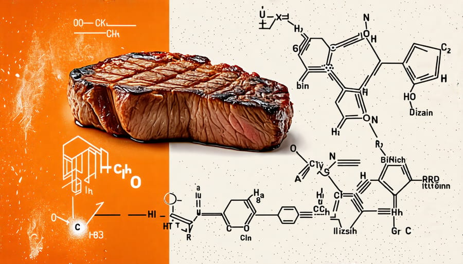 Illustration showing the Maillard reaction and browning on a steak with chemical structure