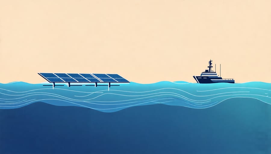 Conceptual illustration of solar panels installed on a marine platform in the ocean