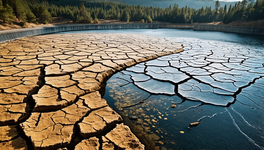 Severe drought conditions in Oregon represented by a nearly empty reservoir seen from above