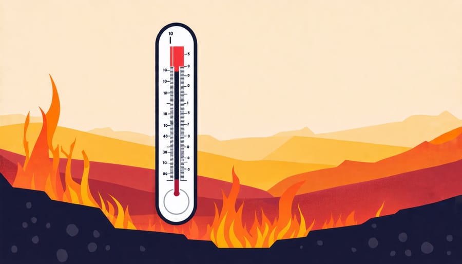 Extremely high temperature displayed on a thermometer with a dry, cracked earth background