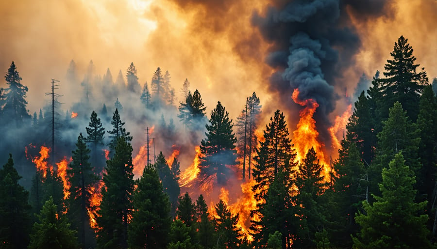 Intense wildfire spreading through an Oregon forest, causing heavy smoke and destruction