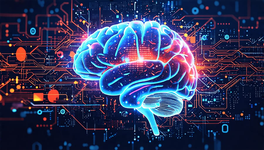 Digital representation of AI learning enhanced by quantum computing elements visualized with a network of neural and quantum connections