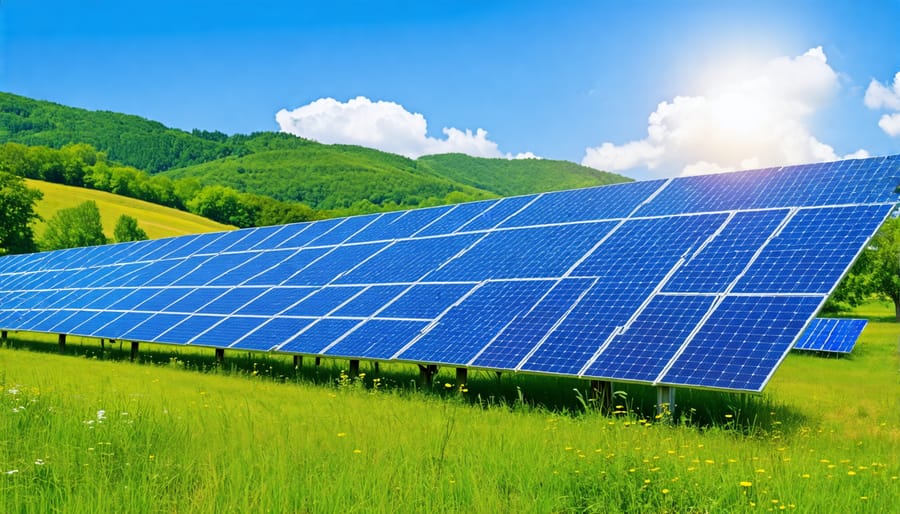 Rows of solar panels installed on a farm to support renewable energy use in agriculture