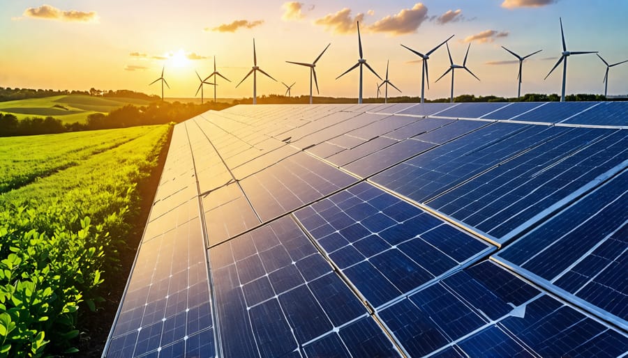 Solar panels and wind turbines set in a natural landscape, demonstrating renewable energy technology