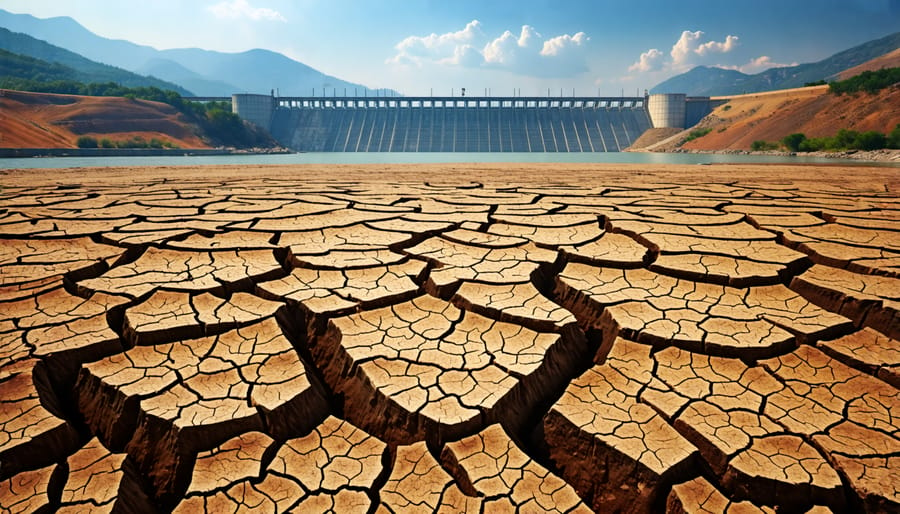 Parched riverbed as a result of reduced water flow from a hydroelectric dam upstream