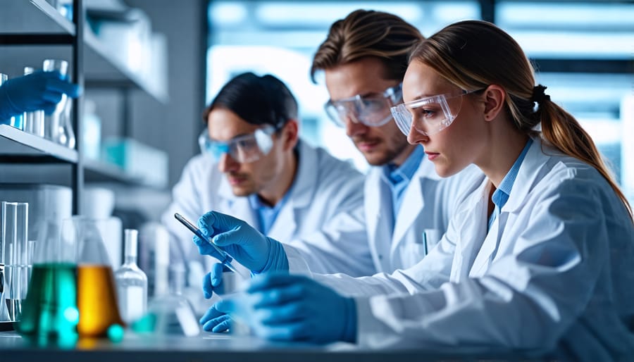 Scientists collaborating in a research laboratory on atmospheric data analysis