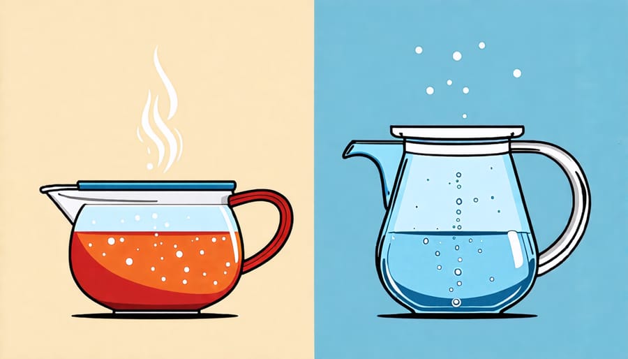 Comparison chart of simmering versus boiling water showing bubble size and movement differences.