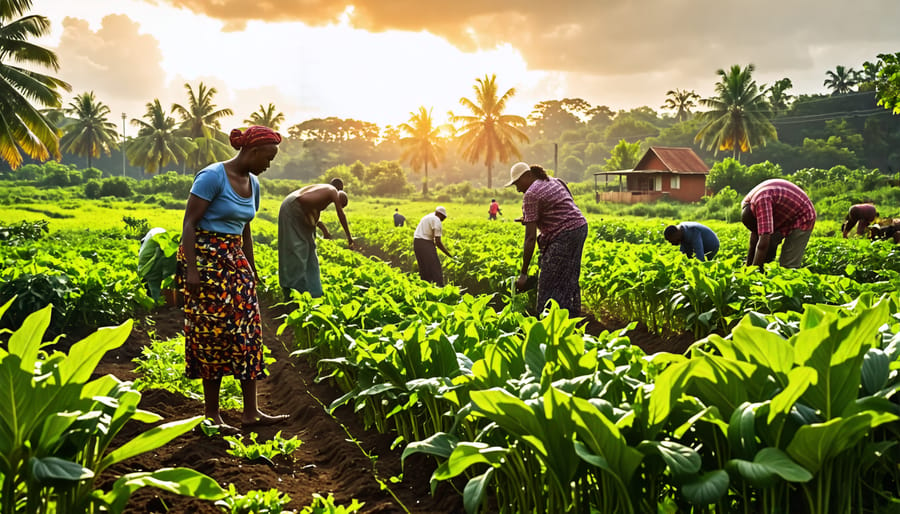 Smallholder farmers and community members collaborating on a sustainable farm