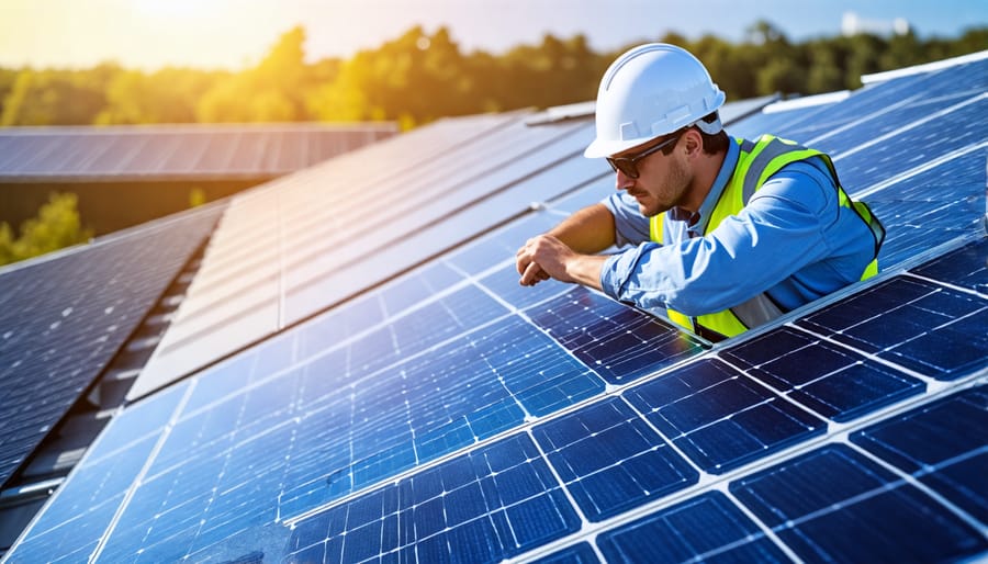 A solar energy engineer performing maintenance on rooftop solar panels