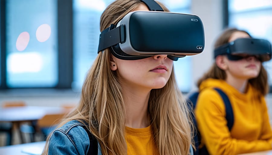 Classroom of students wearing AR headsets, engaging in an interactive science lesson