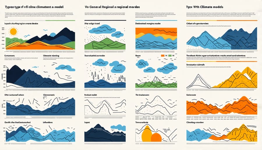 Infographic depicting types of climate models used in climate science, like GCMs and RCMs