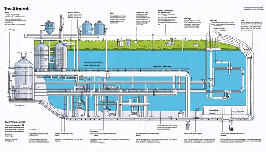 Diagram of a water treatment facility showing the flow of water through the various treatment steps