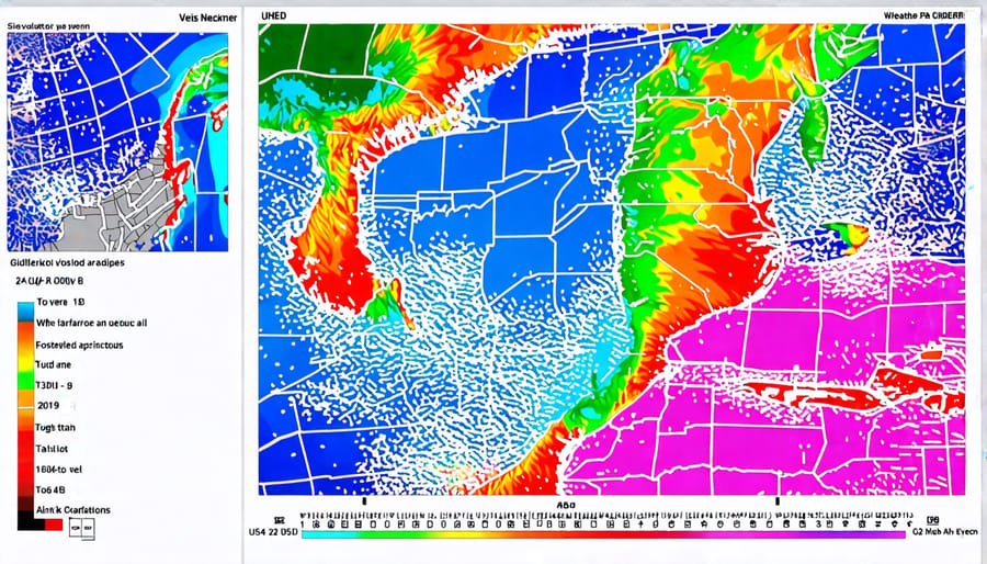 GIS simulation of weather patterns showing potential storm paths and precipitation levels