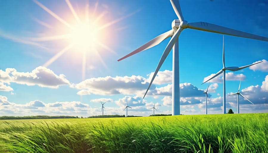 Wind farm with turbines spinning in a clear blue sky